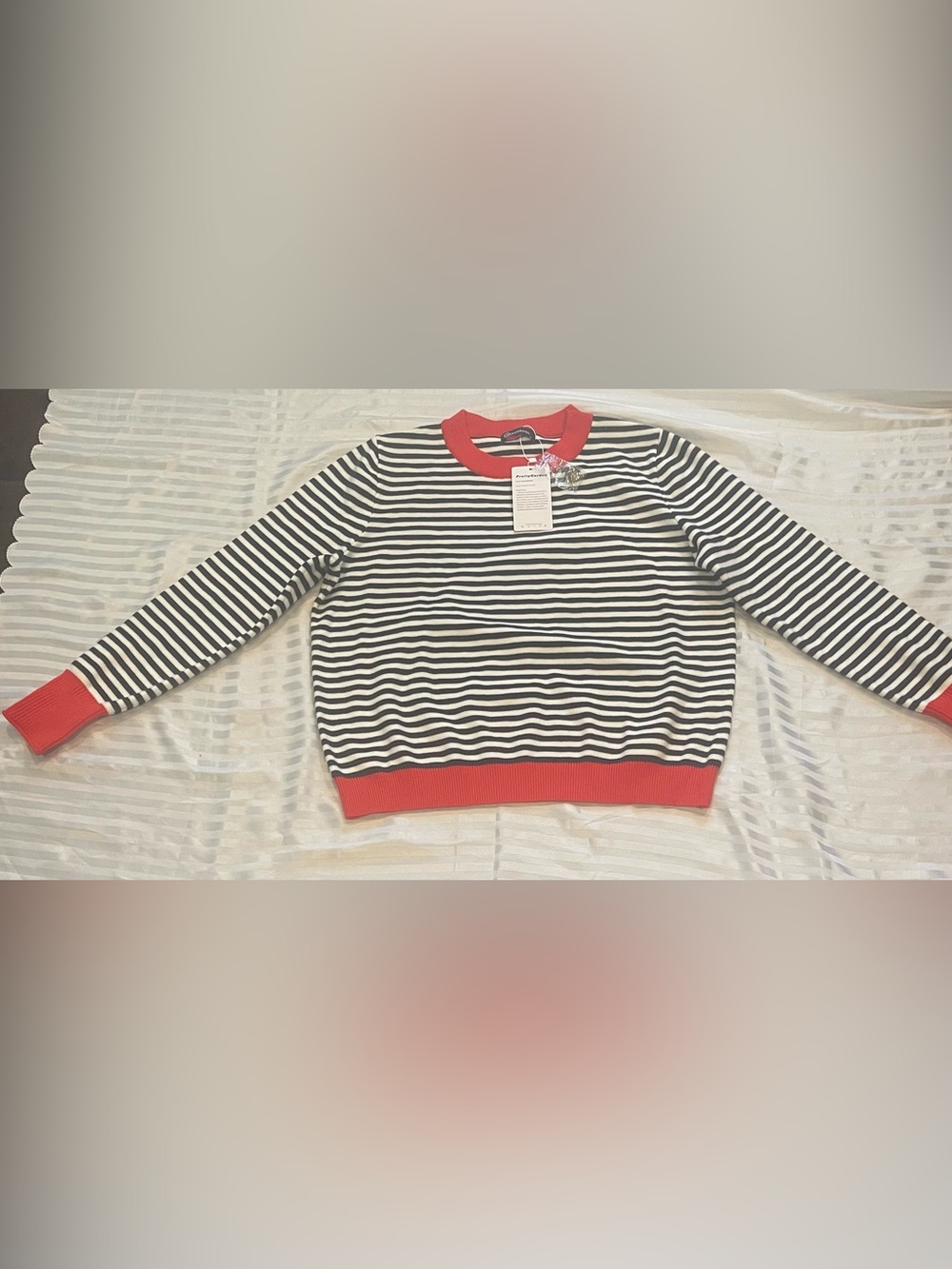 Striped Crewneck Sweater with Red Trim - Women
